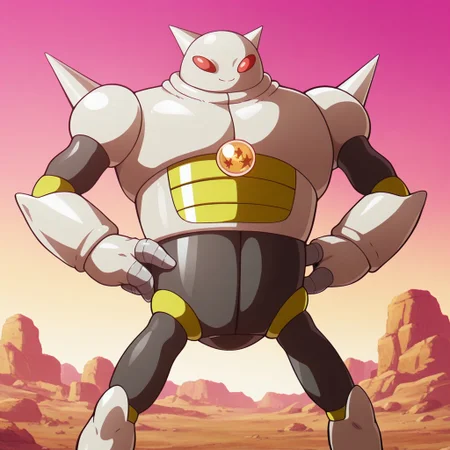 masterpiece, best quality, amazing quality, official style, t4m4gamithree, male, solo, robot-like, grey body, red eyes, horns, spikes on shoulders, 3 fingers, holes in palms, beige armor, two-tone armor, three-star dragon ball, dragon ball in chest, standing, smile, hands on hips, outdoors, dirt