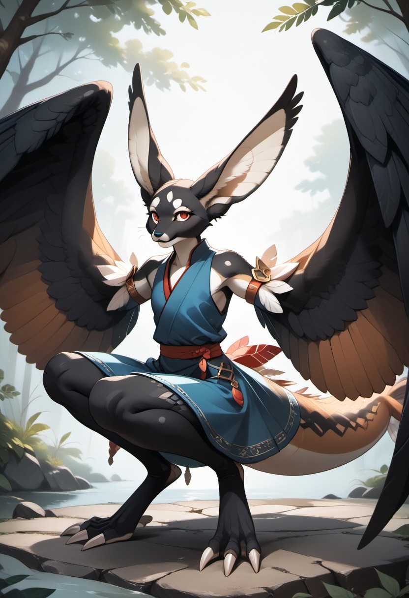 1person, Palagiri, long toes, nimble toes, handfeet, anthro, ((wing arms, large wings, no hands)), feline features, feline nose, large ears, thick tail, long tail, tapering tail, feather tipped tail, digitigrade legs,
3/4 view, perfect tail, perfect wings,
Source: anime, score: 9, score: 8up,