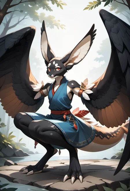 1person, Palagiri, long toes, nimble toes, handfeet, anthro, ((wing arms, large wings, no hands)), feline features, feline nose, large ears, thick tail, long tail, tapering tail, feather tipped tail, digitigrade legs,
3/4 view, perfect tail, perfect wings,
Source: anime, score: 9, score: 8up,