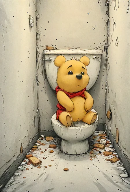 book cover title "Pooh Gets Stuck", toilet, detailed, 8k, <lora:cinexart:0.5>, <lora:wizards_vintage_romance:0.6>, <lora:Harrlogos_v1.1:0.8>, <lora:- SDXL - vanta-black_contrast_V3.0:0.4> <lora:Wizards_MACHINALIA__Things_Come_Alive_:0.2>  <lora:lora:0.8>  <lora:Street_Art:0.8> <lora:artfullyQUILLED_SDXL_V1:0.8>  <lora:SDXL_feelings_Sa_May:0.8> Feelings   <lora:- SDXL - stnerfx _Stoner_Fox_V3.0:0.5>