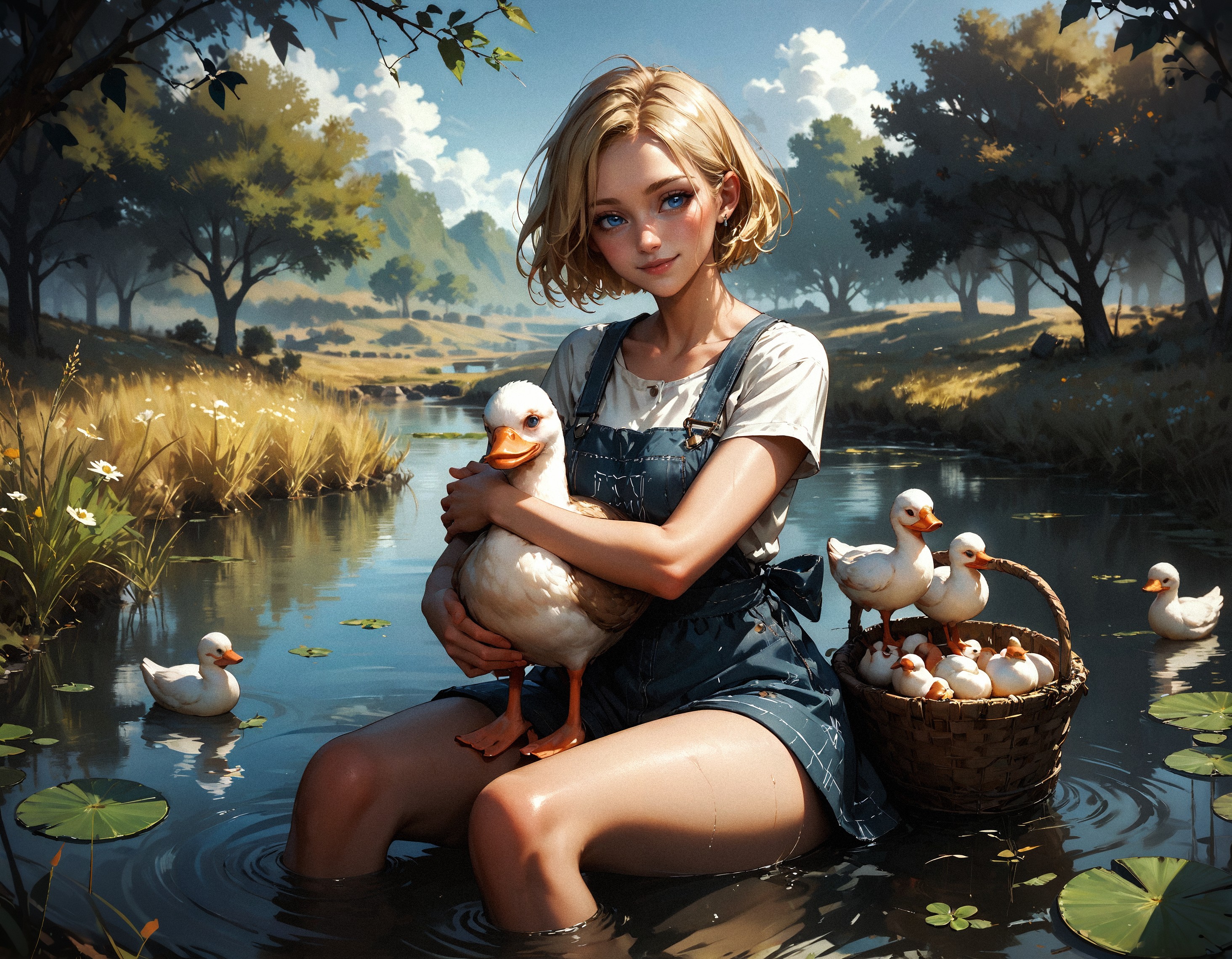 score_9, score_8_up, score_7_up, score_6_up, score_5_up, score_4_up,  1girl, sitting, blonde hair, short hair, farmer outfit, blue eyes, smile, thighs exposed, hugging goose, pond, reed, balbrush