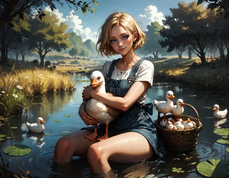 score_9, score_8_up, score_7_up, score_6_up, score_5_up, score_4_up,  1girl, sitting, blonde hair, short hair, farmer outfit, blue eyes, smile, thighs exposed, hugging goose, pond, reed, balbrush