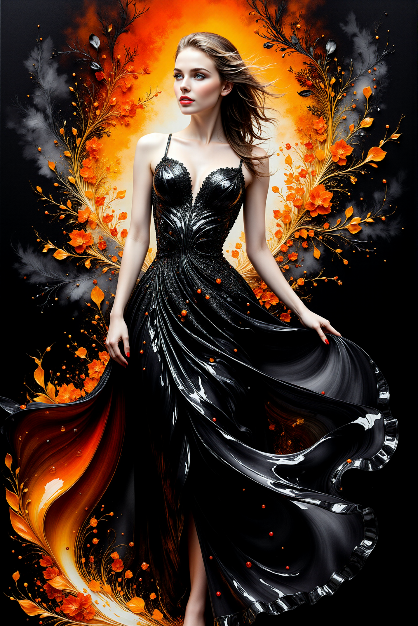 <lora:AISIL_style:1.0> AISIL style digital artwork with intricate and vibrant background.
A young woman is elegantly posing, wearing intricate vibrant dress made of glossy liquid fabric. Hyperdetailed. Black and gray and white with fiery orange accent color scheme.