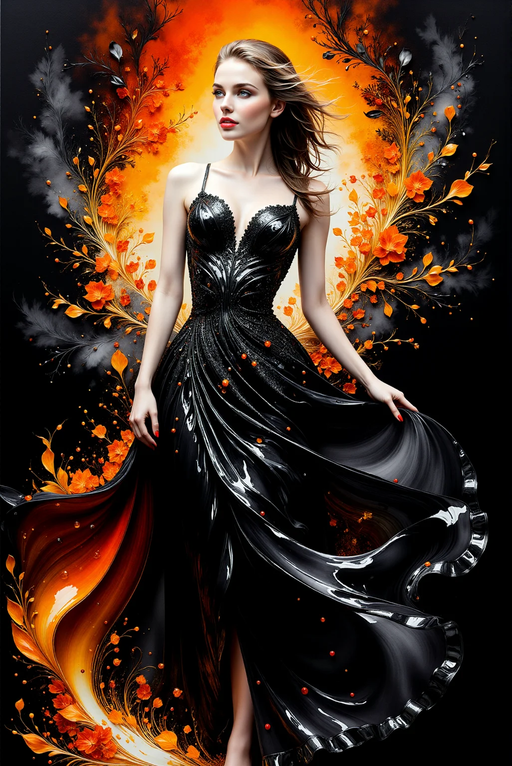 <lora:AISIL_style:1.0> AISIL style digital artwork with intricate and vibrant background.
A young woman is elegantly posing, wearing intricate vibrant dress made of glossy liquid fabric. Hyperdetailed. Black and gray and white with fiery orange accent color scheme.
