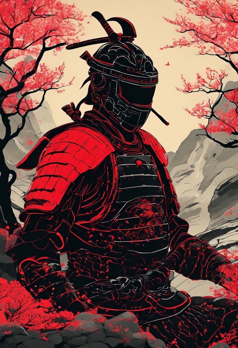 Japanese Samurai warrior in armor, zen garden, spring, sunshine, sakura, meditation, stream, rock garden,
black and red color palette, cybernetic design, futuristic elements, bold lines, flat colors, simple details, retro-futuristic vibe