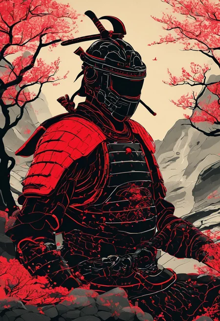 Japanese Samurai warrior in armor, zen garden, spring, sunshine, sakura, meditation, stream, rock garden,
black and red color palette, cybernetic design, futuristic elements, bold lines, flat colors, simple details, retro-futuristic vibe
