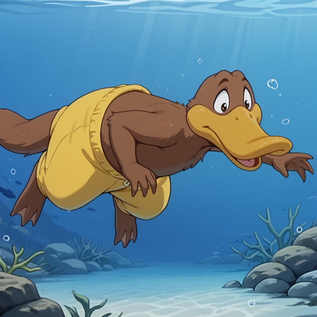 masterpiece, best quality, amazing quality,FlapbbILv2, semi-anthro, male, Platypus, brown fur, duck-billed, webbed feet, webbed fingers, yellow pants, swimming, underwater
