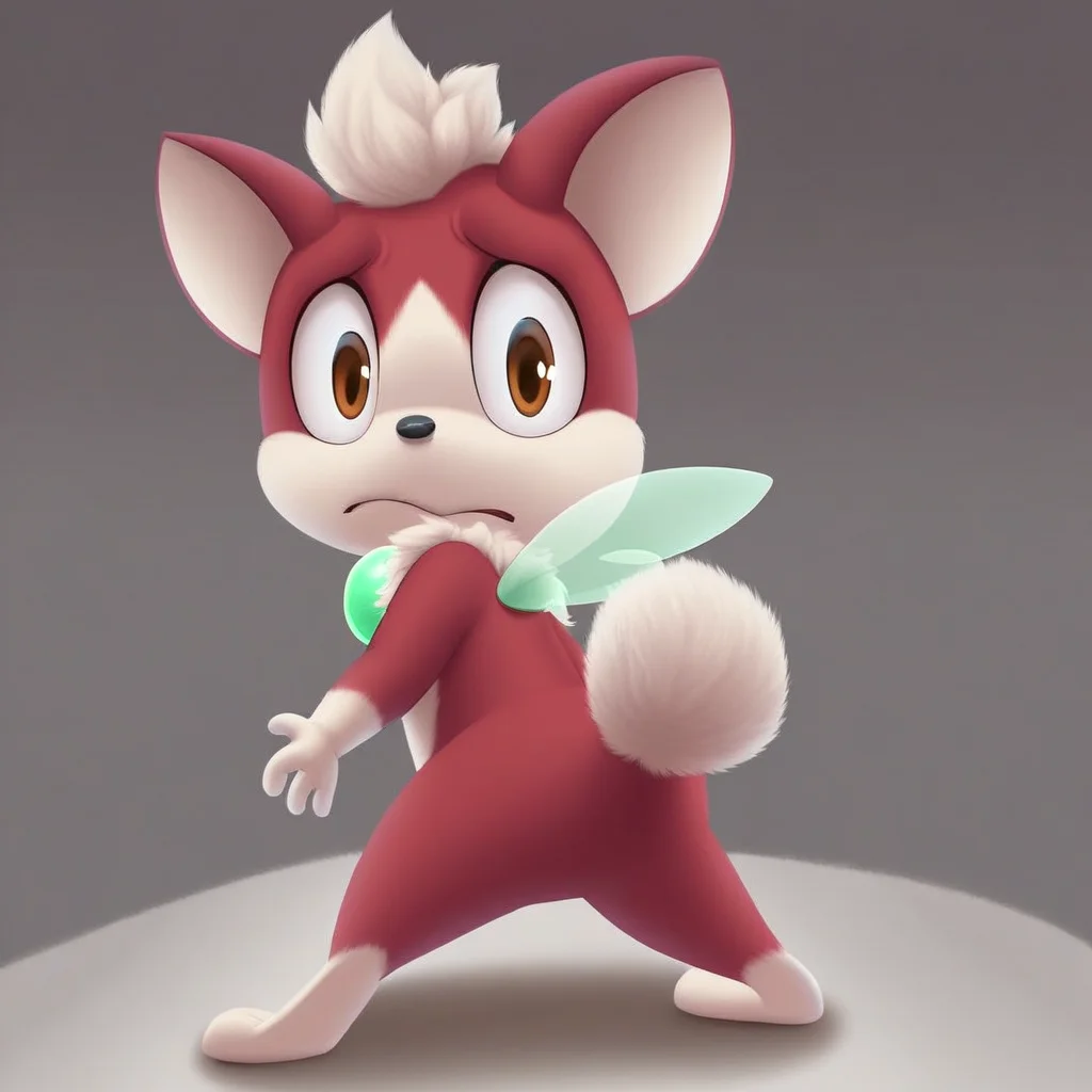 Chip, maroon fur, white fur, solo, 2 toned fur, green gem, tiny, 1 boy, male, cute, black nose, brown eyes, wings, standing, looking back, nervous, scared, scared expression, presenting hindquarters, full body, looking back, looking at viewer, looking down, low camera angle, from below