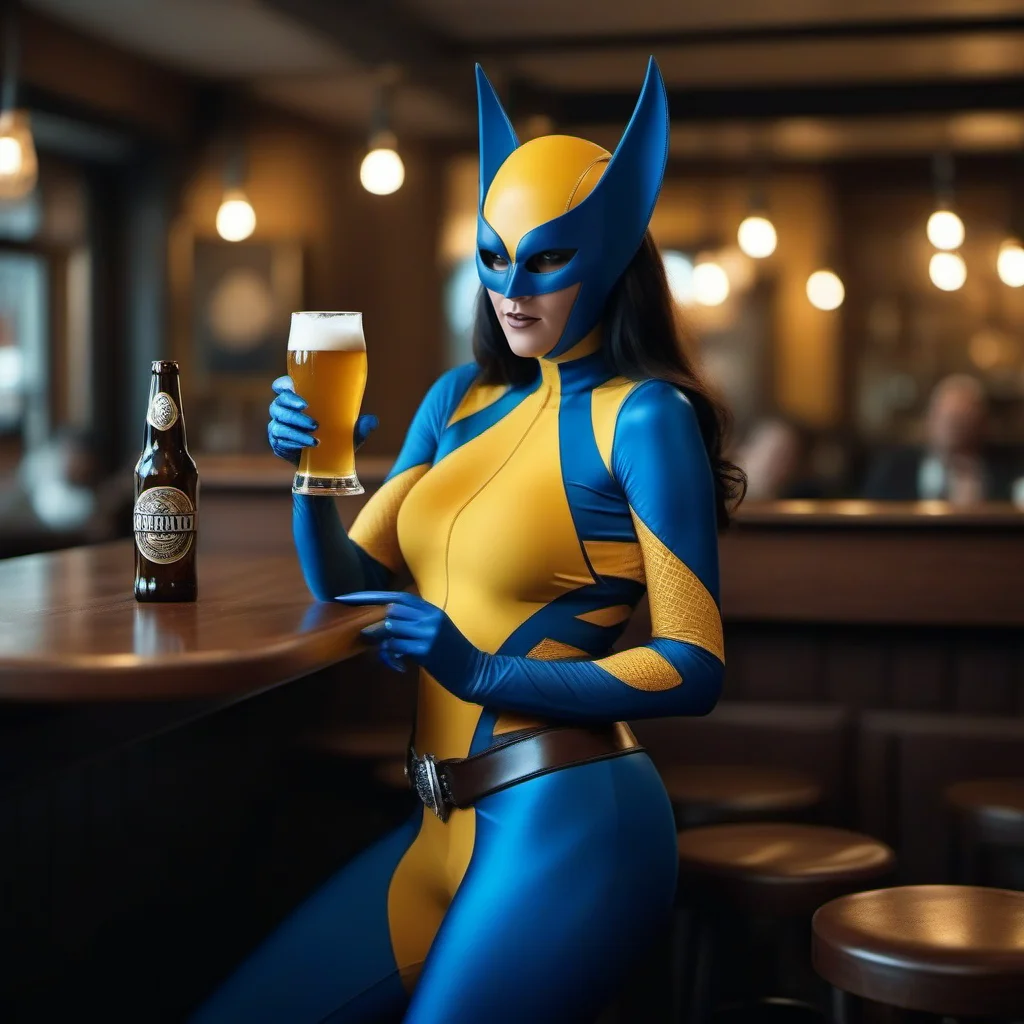 cinematic photo a full body woman with a mask and a blue and yellow bodysuit and claws having a beer in a pub <lora:X-23-1024:0.8> . 35mm photograph, film, bokeh, professional, 4k, highly detailed