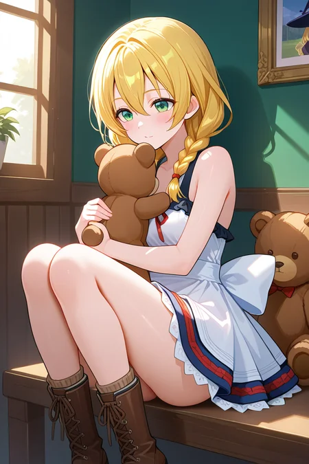 masterpiece, best quality, amazing quality, newest,1girl,, <lora:witch_viola:1>,Witch_viola,blonde hair,braid,green eyes,twin blaid,long hair,hair between eyes,viola_outfit,dress,sleeveless,bare shoulderssleeveless dress,white dress,apron,cross-laced footwear,frills,,boots,brown footwear,teddy bear, holding,