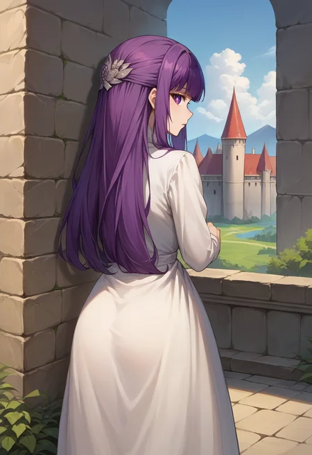 score_9, score_8_up, source_anime, 1girl, solo, FernBase, purple eyes, purple hair, long hair, half updo, hair ornament, white dress, collared dress, outdoors, castle wall, from behind, looking back, standing, <lora:CHAR-FernPonyXL:1>