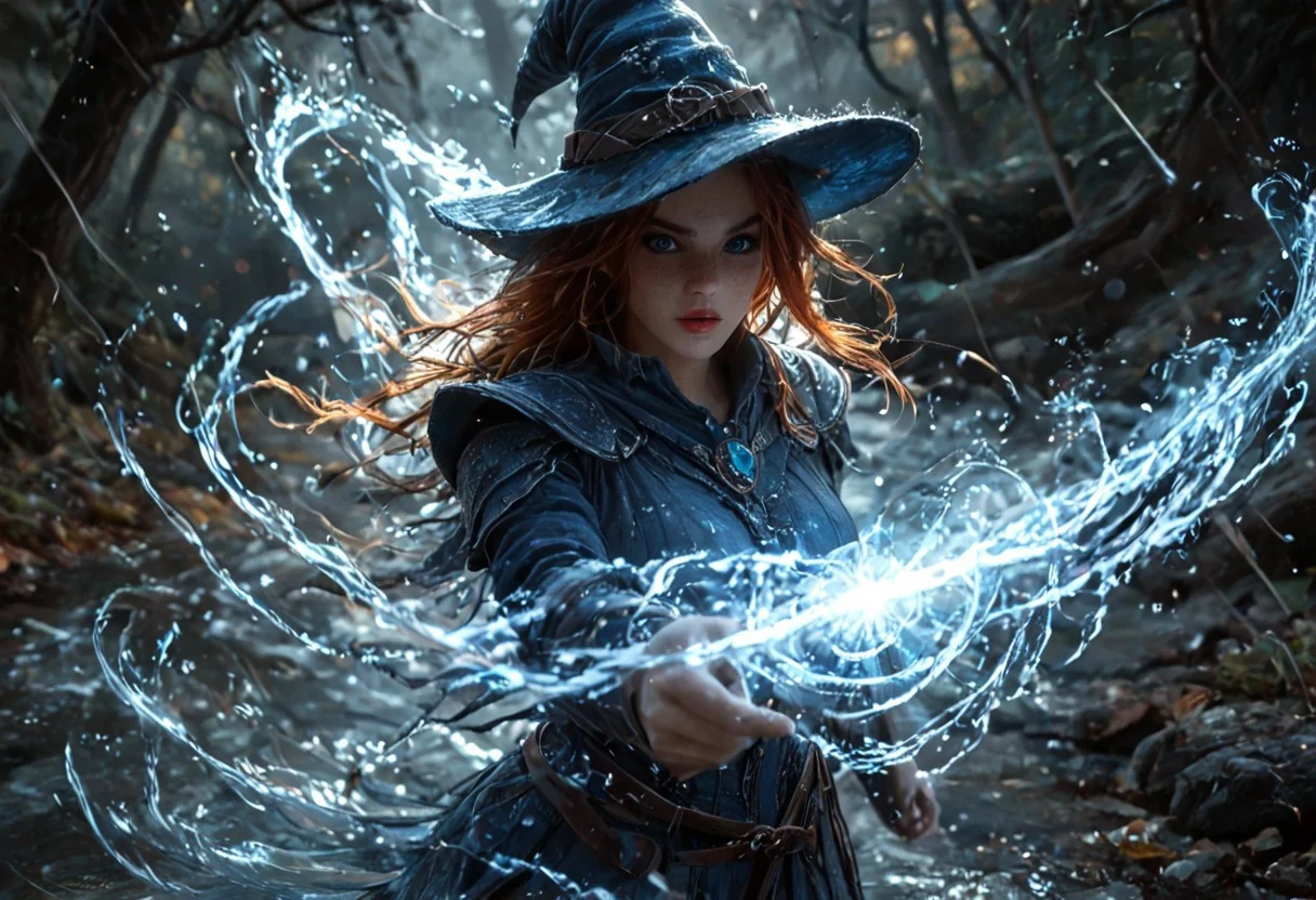 score_9, score_8_up, score_7_up, 1girl, 19 year old, casting magic spell, (duel, witches hat, witch steel armour, water spell, magic spell casting, action shot), ((witches hat)), (fire sword:0.9), fighting off-screen enemy, forest, spooky, haunted, water element, autumn, masterpiece, outdoor, curvy body, cute, red hair, determined expression, rain, windswept hair, (head and shoulder photography:1.1), portrait photography:0.8), pretty girl, grainy, (cold icy weather, dramatic lighting, dark theme, night time, backlit, <lora:RealisticSkinv1_ponyv6_loraplus:1.15:start=15>real skin, freckles, mole, dirty skin, looking at camera