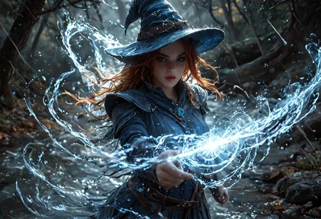 score_9, score_8_up, score_7_up, 1girl, 19 year old, casting magic spell, (duel, witches hat, witch steel armour, water spell, magic spell casting, action shot), ((witches hat)), (fire sword:0.9), fighting off-screen enemy, forest, spooky, haunted, water element, autumn, masterpiece, outdoor, curvy body, cute, red hair, determined expression, rain, windswept hair, (head and shoulder photography:1.1), portrait photography:0.8), pretty girl, grainy, (cold icy weather, dramatic lighting, dark theme, night time, backlit, <lora:RealisticSkinv1_ponyv6_loraplus:1.15:start=15>real skin, freckles, mole, dirty skin, looking at camera