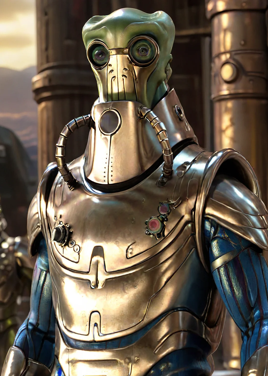 (wat tambor, w4tt4mbor, alien, metallic suit, metallic mask:1.3), (masterpiece, top quality, best quality, detailed scenery background, official art, beautiful and aesthetic, extremely detailed, best quality, absurdres:1.3), (detailed natural lighting, depth of field:1.3) (hyperrealistic:1.5), vivid 16k colorful hdr, highest detailed <lora:XL-char_WatTambor_[w4tt4mb0r]-v1-000013:0.8> shot from behind, not looking at camera