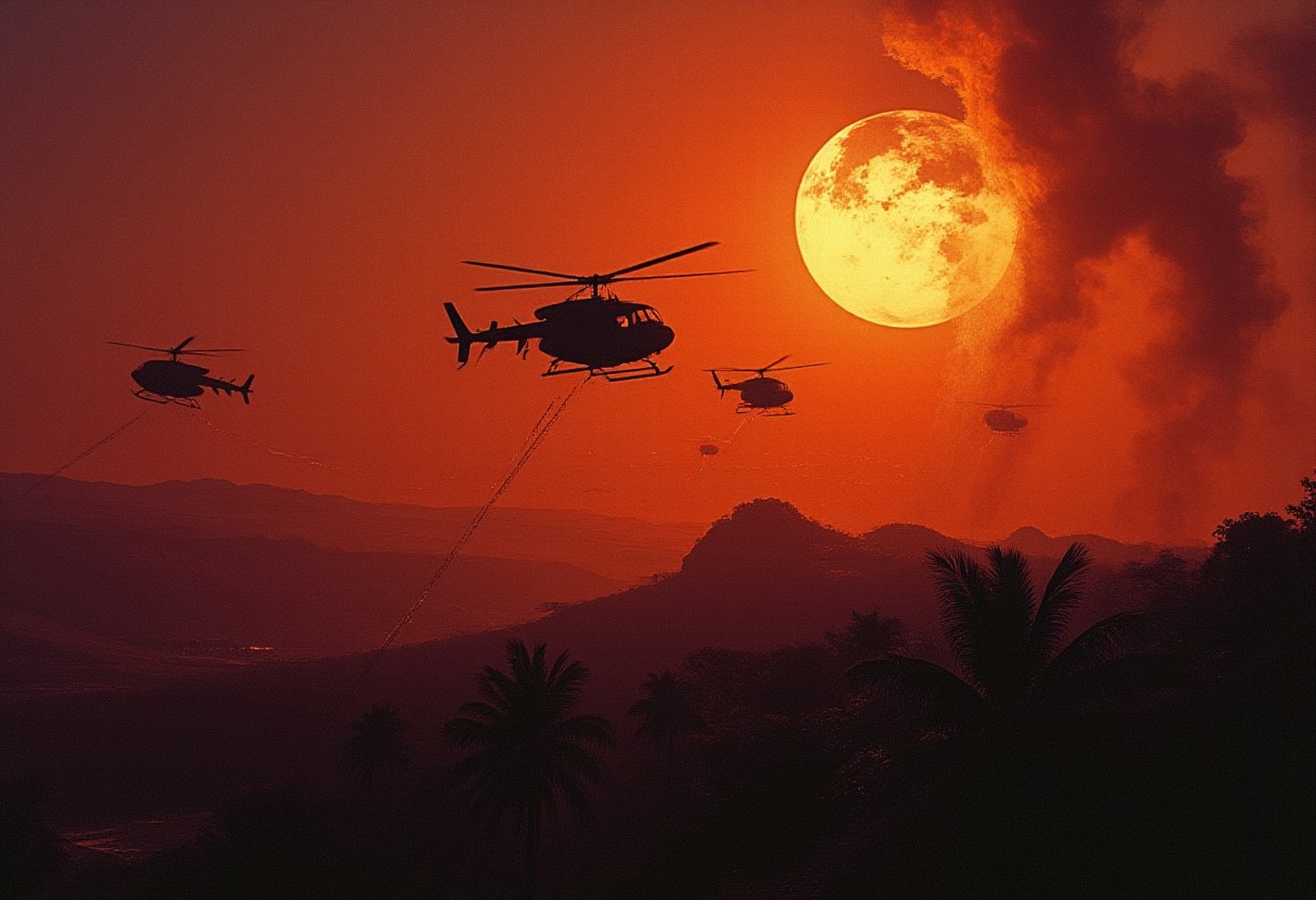 A surreal and eerie atmosphere engulfs the scene as numerous military helicopters hover like ghostly sentinels against a violently burning sunset. Their dark, silhouetted forms drift through the sky at unsettling angles, their rotor blades frozen in time, as if trapped in an endless moment of tension. Some appear impossibly still, while others seem to distort, their outlines flickering like echoes from another reality. The sky is a fractured dreamscape—molten orange and blood-red hues bleed into deep purples and sickly yellows, casting unnatural glows that pulse and shimmer. The sun, an ominous burning eye, radiates an overwhelming intensity, its light distorted by the thick, suffocating haze that smothers the landscape. The air feels heavy, charged with an almost supernatural presence. Below, the jungle looms in eerie silence, its palm trees and dense foliage barely visible through the creeping smoke that clings to the earth like ghostly tendrils. Strange, elongated shadows stretch unnaturally across the treetops, distorting reality itself. Faint, flickering light particles drift through the air, resembling lost souls ascending through the mist. There is an overwhelming sense of something unseen watching, a presence lurking beneath the roar of distant rotor blades—an unsettling, dreamlike tension between reality and nightmare.best quality, masterpiece, award-winning illustration, detailed, color contrast, accurate, aesthetic, breathtaking, impressive