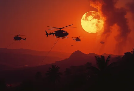A surreal and eerie atmosphere engulfs the scene as numerous military helicopters hover like ghostly sentinels against a violently burning sunset. Their dark, silhouetted forms drift through the sky at unsettling angles, their rotor blades frozen in time, as if trapped in an endless moment of tension. Some appear impossibly still, while others seem to distort, their outlines flickering like echoes from another reality. The sky is a fractured dreamscape—molten orange and blood-red hues bleed into deep purples and sickly yellows, casting unnatural glows that pulse and shimmer. The sun, an ominous burning eye, radiates an overwhelming intensity, its light distorted by the thick, suffocating haze that smothers the landscape. The air feels heavy, charged with an almost supernatural presence. Below, the jungle looms in eerie silence, its palm trees and dense foliage barely visible through the creeping smoke that clings to the earth like ghostly tendrils. Strange, elongated shadows stretch unnaturally across the treetops, distorting reality itself. Faint, flickering light particles drift through the air, resembling lost souls ascending through the mist. There is an overwhelming sense of something unseen watching, a presence lurking beneath the roar of distant rotor blades—an unsettling, dreamlike tension between reality and nightmare.best quality, masterpiece, award-winning illustration, detailed, color contrast, accurate, aesthetic, breathtaking, impressive