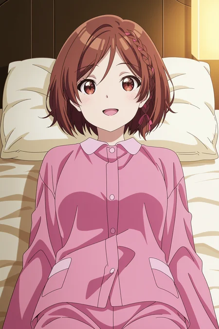 anime screencap, anime coloring, detailed face, masterpiece, best quality, very aesthetic, absurdres, volumetric lighting, amazing quality, ultra detailed,  highres, amazing quality, scenery, beautiful detailed hair, beautiful detailed eyes, perfect face,
 <lora:Akane_Sakuramori_Himari_Ishikura_Shisei_Houjou_and_Maho_Sakuramori_Im_Getting_Married_to_a_Girl_I_Hate_in_My_Class:1>
Akane pink pajamas (outfit), Akane Sakuramori (character), 1girl,, pajamas, solo, bed, brown hair, braid, brown eyes, sitting, indoors, short hair, open mouth, pillow, lying on back, looking at the viewer, cute smile,