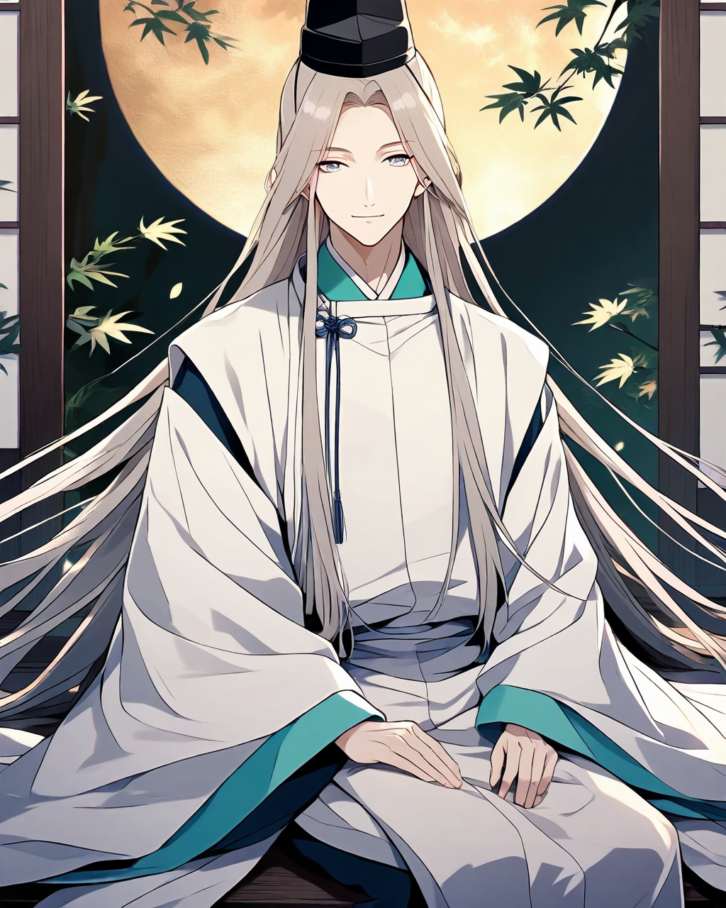 1boy, male, beautiful face. beautiful boy. man.
suikan. eboshi, tateeboshi. japanese cloth. heian.
beautiful long hair. leaves. moon.
sitting. soft smile.
best quality. highly detailed.
<lora:LCM_LoRA_Weights:0.3>
 <lora:loha_suikan_aniv4_sdxl:0.7>
 beautiful, beautiful. beautiful. beautiful eyes.
cute.