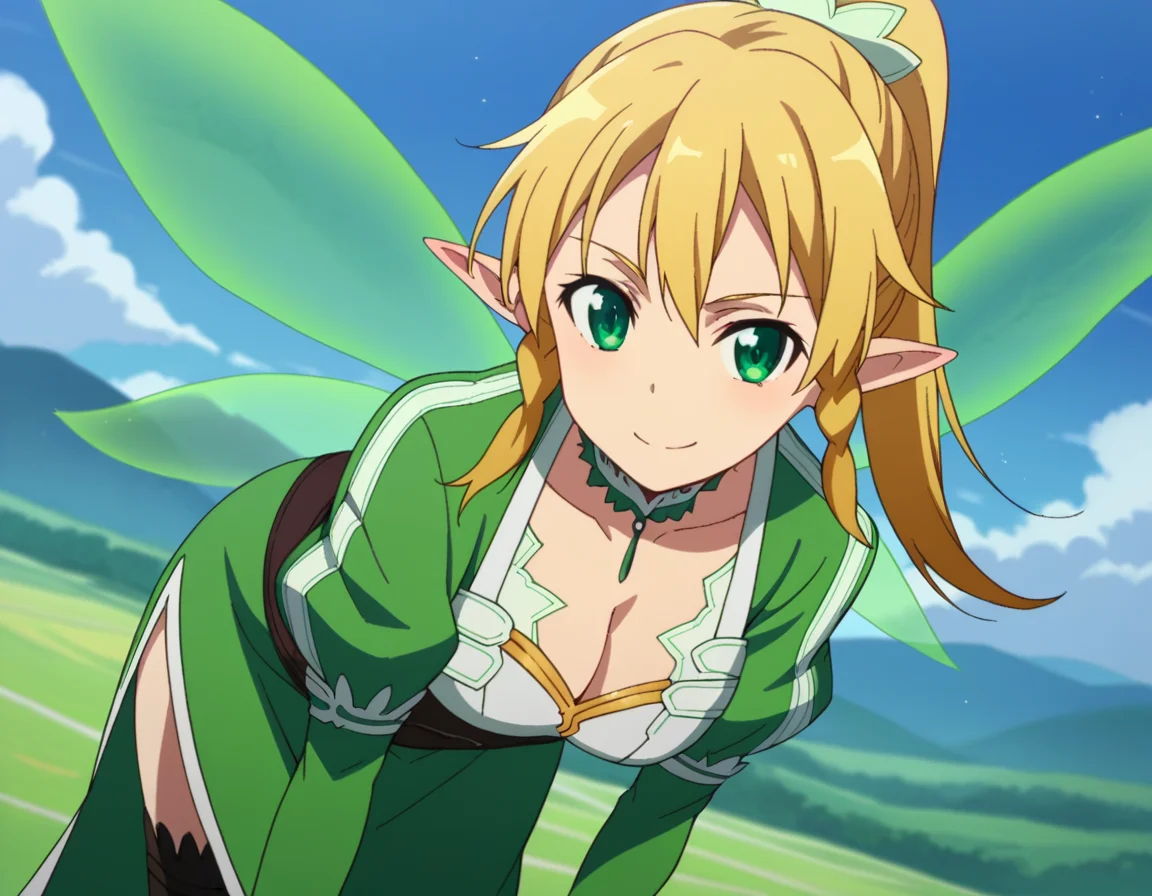 score_9, score_8_up, score_7_up, source_anime,
suguhakirigaya, <lora:suguha-kirigaya-s1-ponyxl-lora-nochekaiser:1>,
suguha kirigaya, long hair, blonde hair, hair between eyes, green eyes, ponytail, braid, pointy ears, twin braids,
thighhighs, cleavage, wings, green dress, fairy wings, fairy, multiple wings, spread wings, energy wings, glowing wings, green wings,
outdoors, landscape, smile, bent over,
looking at viewer, cowboy shot, solo, dutch angle,