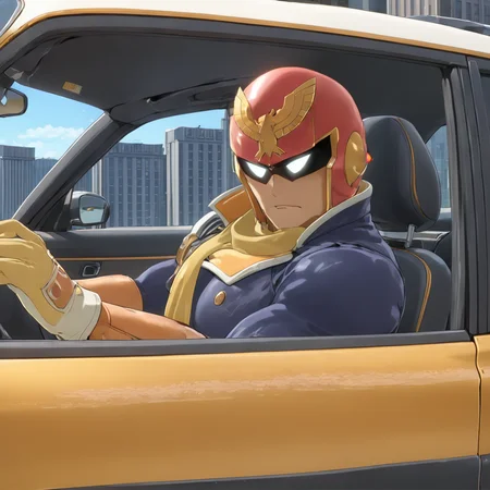 man driving car, CaptainFalconXL <lora:CaptainFalconXL:.9>, (anime, masterpiece, intricate:1.3), (best quality, hires textures, high detail:1.2), (4k),(incredibly detailed:1.4),UHD, 8K, ultra detailed