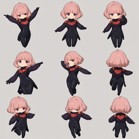 score_9, score_8_up, score_7_up, score_6_up source_anime <lora:midori_eva_alpha:.85> midori, short hair, purple eyes, black bodysuit, vibingdance, animation sheet, chibi, dancing, simple background, white background <lora:VibingDance (frieren vibing) LoRA PDXL Anzhc:.75> dance, skin tight,