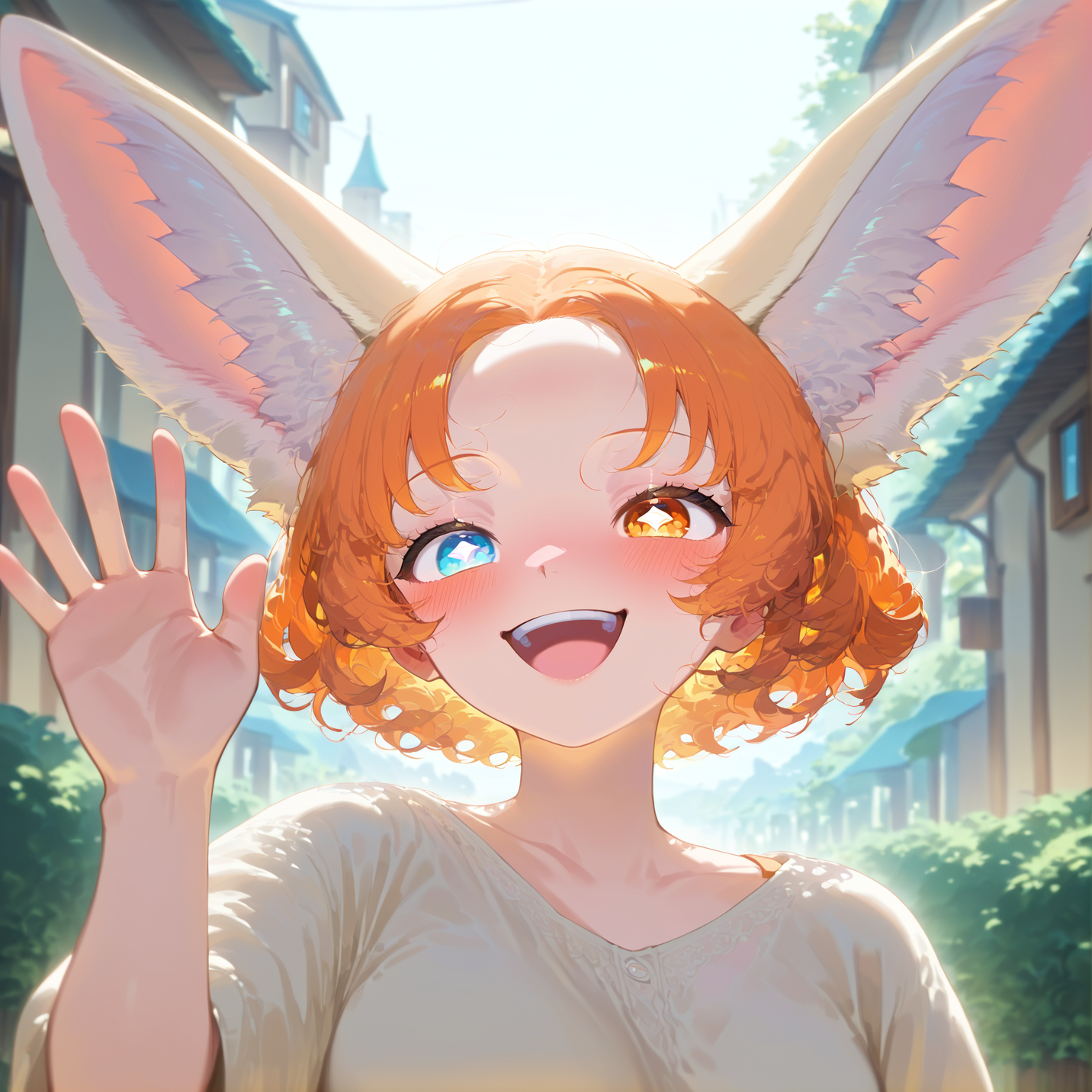 score_9_up, score_8_up,score_7_up masterpiece, best quality, amazing quality, very aesthetic, absurdres, newest, scenery, detailed hair, 1girl, solo girl, face close up, face focus,
 <lora:Zara_Orange_Pony_V2.0:1> Zara Orange, fennec girl, heterochromia eyes, rhombus shaped pupils,(((adult))), short curly hair, bangs, short hair, bright smile, happy, light blushing, waving,