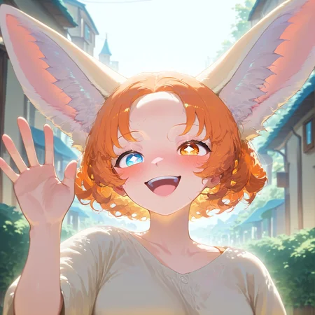 score_9_up, score_8_up,score_7_up masterpiece, best quality, amazing quality, very aesthetic, absurdres, newest, scenery, detailed hair, 1girl, solo girl, face close up, face focus,
<lora:Zara_Orange_Pony_V2.0:1> Zara Orange, fennec girl, heterochromia eyes, rhombus shaped pupils,(((adult))), short curly hair, bangs, short hair, bright smile, happy, light blushing, waving,