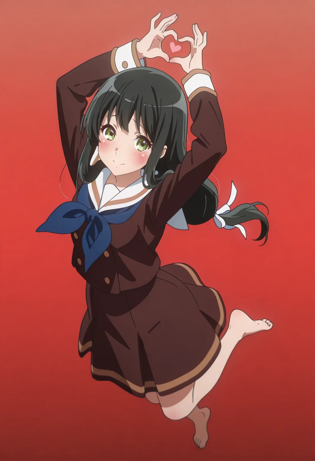 very awa, masterpiece, best quality, year 2024, newest, highres, absurdres,
red background, gradient background, very aesthetic, detailed background, full body,
1girl, solo,
 <lora:Sari_Yoshii:1> ysari, low-tied long hair,  black hair,  hair ribbon, white ribbon, green eyes, anime coloring, kitauji high school uniform, blue neckerchief,  brown school uniform,  detailed face, white sailor collar,  looking at viewer, arms up,
,<lora:anatomy_helper:1>, jumping,  barefoot, from above,  <lora:lora-add:0.5> toes, nailtoes, heart hands, heart \(symbol\),  smile, (blush:2),