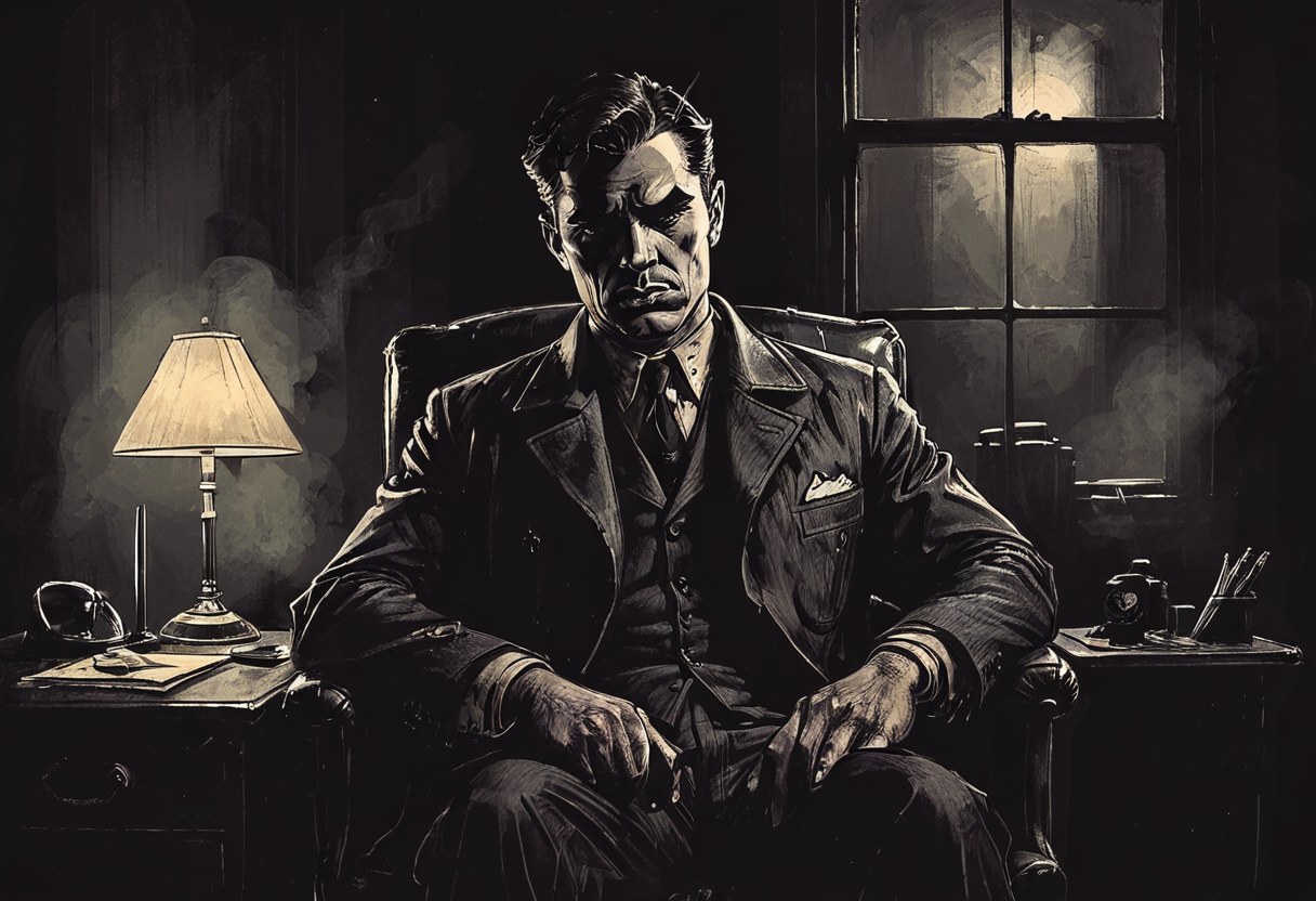drawing of a moody detective asleep sitting in his office chair in his detective office, film noir style, dark room, <lora:add-detail-xl:-1>,  <lora:Dark_Novel:0.7>
