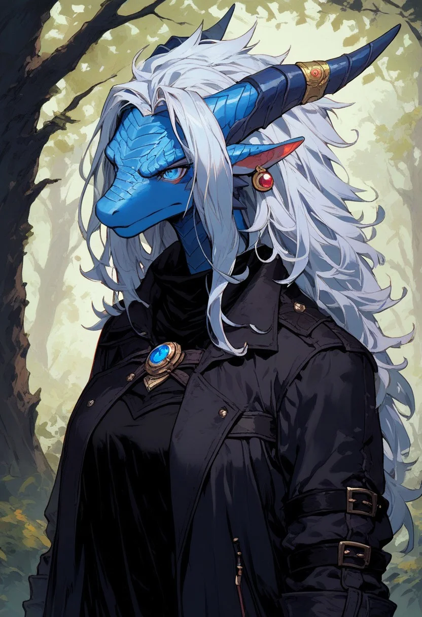 (score_9, score_8_up, score_7_up), 1 female, anthro, furry, blue eyes, dragon, fluffy hair, tall, blue scales, serious, woods, solo, upper body, jewelry on horns, white long hair, fit, adult face, wizard, soft, relaxed, epic ram horns, van Helsing's clothes, dark fantasy leather coat, under the coat black shirt with ruffles