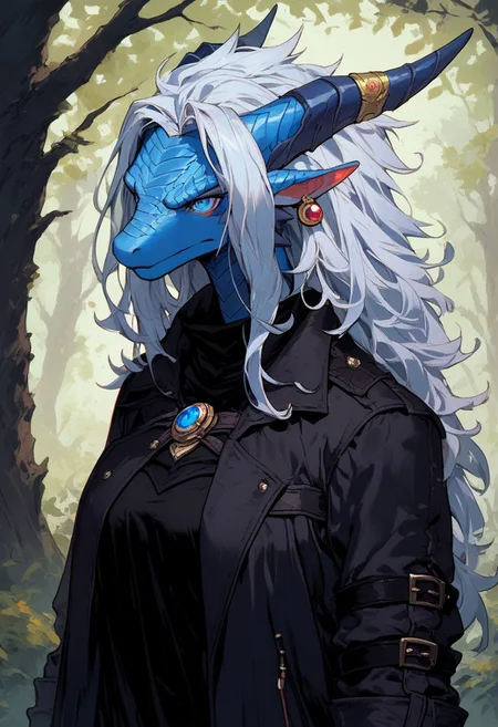 (score_9, score_8_up, score_7_up), 1 female, anthro, furry, blue eyes, dragon, fluffy hair, tall, blue scales, serious, woods, solo, upper body, jewelry on horns, white long hair, fit, adult face, wizard, soft, relaxed, epic ram horns, van Helsing's clothes, dark fantasy leather coat, under the coat black shirt with ruffles