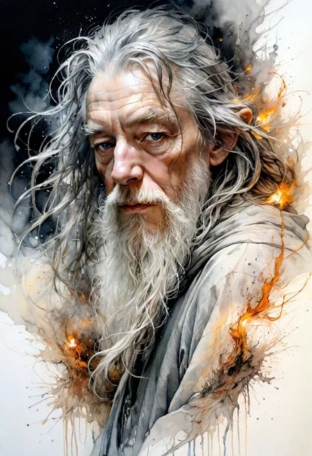 highly detailed linework reminiscent of Carne Griffiths, imbued with Wadim Kashim's bold texture, light and airy as Carl Larsson's compositions, gandalf the grey, fires, motion, featuring Pascal Blanche-style hyper-realistic characters, pastel, elegance, dramatic lighting, expressive camera angle, matte, concept art, linquivera