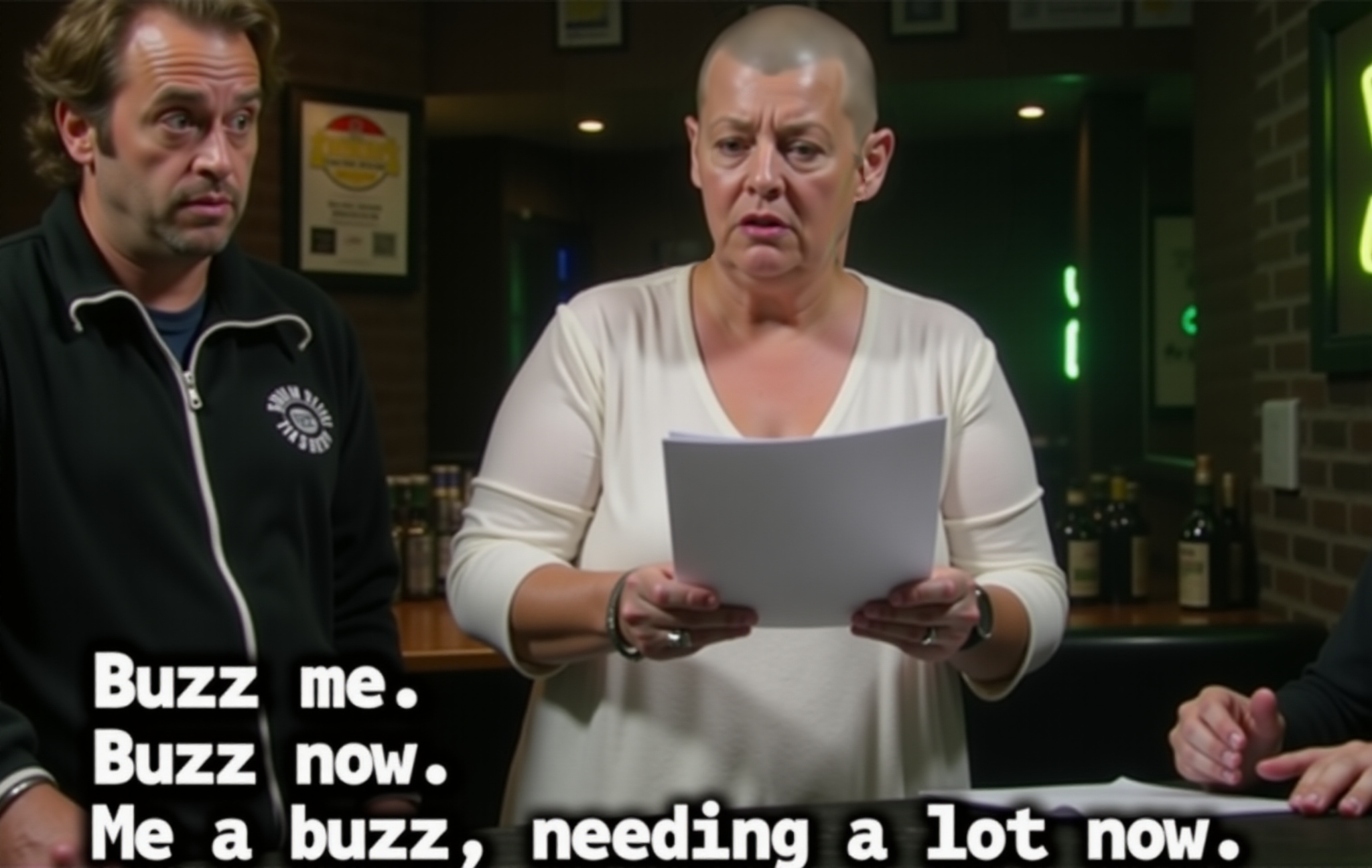(The words "Buzz me. Buzz now. Me a buzz needing a lot now." in white text with a black outline like television captions at the bottom: 2.0), a man and woman stand in a dimly lit bar, a disheveled man with wild eyes and a black track jacket like Charlie from It's Always Sunny in Philadelphia,  an older( bald woman:2.0) holds a paper reading aloud with a serious expression, The background features a bar with brick walls bottles signs and neon signs, text focus, <lora:Text_Logo_-_Style:1>