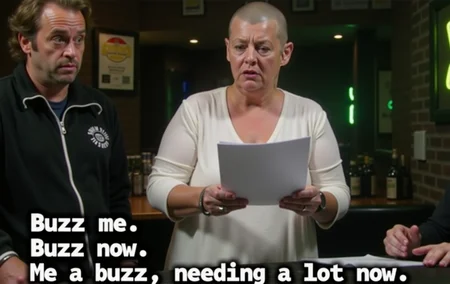 (The words "Buzz me. Buzz now. Me a buzz needing a lot now." in white text with a black outline like television captions at the bottom: 2.0), a man and woman stand in a dimly lit bar, a disheveled man with wild eyes and a black track jacket like Charlie from It's Always Sunny in Philadelphia, an older( bald woman:2.0) holds a paper reading aloud with a serious expression, The background features a bar with brick walls bottles signs and neon signs, text focus, <lora:Text_Logo_-_Style:1>