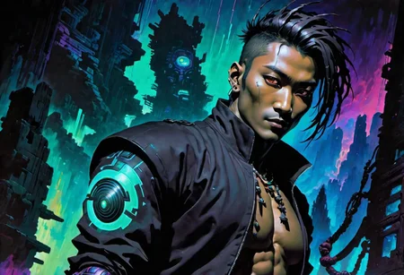 Hiro Protagonist , Sci-fi painting, masterpiece by frank frazetta, dark vaporwave color palette, background of tv static and Mayan ruins, artful painting of a gorgeous queer cyberpunk boy, masculine, Black and Asian facial features with a confident smirk, very short dreads sticking up, sleek black fitted t-shirt, black techwear jacket, black techwear pants, big transparent goggles, with a futuristic computer terminal made of smooth black glass hanging from a shoulder strap