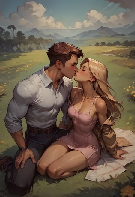 Xxx, score_9, score_8_up, score_8, score_9, a couple on a date, a big muscular young-man, petite girl, in a grassy meadow, romantic foreplay, kissing