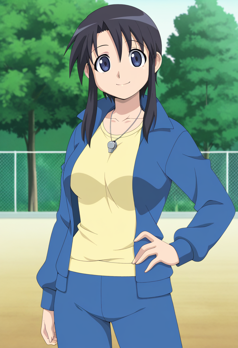 masterpiece,best quality,amazing quality,
nyamo, 1girl, solo,
black hair, short hair, sidelocks, blue eyes, medium breasts,
blue tracksuit, open jacket, yellow shirt, collarbone, silver whistle around neck,
cowboy shot, looking at viewer, smile, hand on hip, anime coloring,
outdoors, tree, chain link fence, 