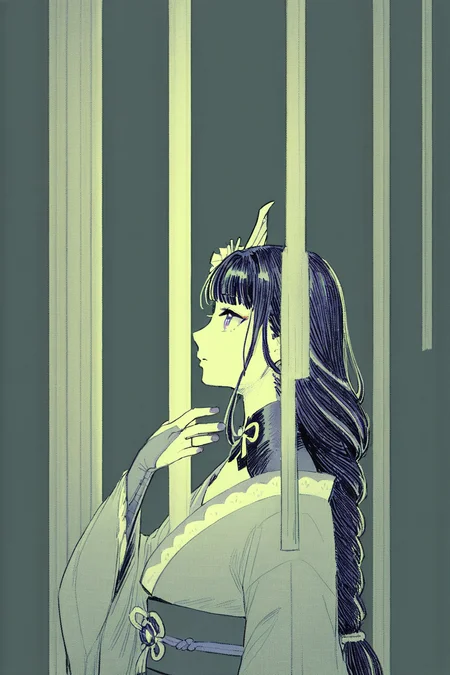 score_9, score_8_up, score_7_up, genshin impact, raiden shogun, black shrug, bridal gauntlets, hair ornament, japanese clothes, kimono, long hair, low-braided long hair, low-tied long hair, purple eyes, purple hair, purple kimono, purple nails, red sash, sash, very long hair, solo, solo focus, portrait, , simple background, Leaning against a pillar or column, looking thoughtful and introspective., (green theme:1.5), (monochrome:1.5), <lora:godiva_green:1>
