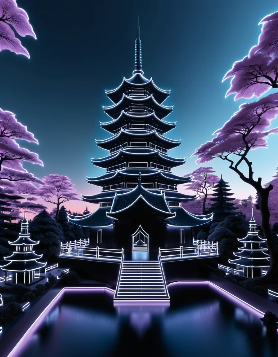 made out of ral-neotlns, stylized by Wilhelm KotarbiÅski, abstract art, (Pagoda:1.2) , crowded garden, Panorama, Vivid, Satisfying, monochromatic, expressive, <lora:ral-neotlns-sdxl-000003:1>, vibrant, enchanted, shiny, pure, fantastic aesthetic, glossy
