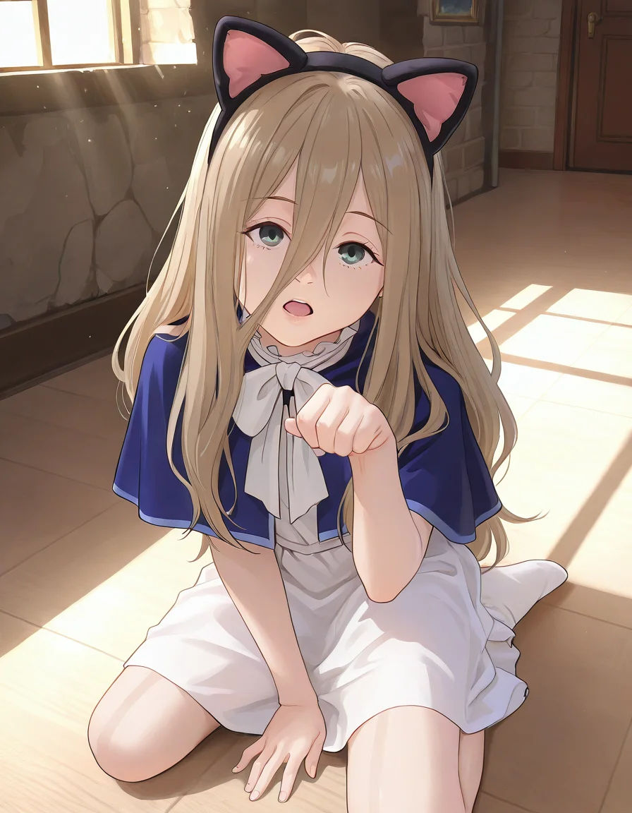 1girl on the floor, paw pose, open mouth, fake cat ears, sunlight, castle 
,,,,,,,,,,,,,,,,,,,,,,,,,,,,,,,,,,,,,,,,,,,,,,,,,,,,,,,,,,,,,,,,,,,,,,,,,,,,,,,,,,,,,,,,,,,,,,,,,,,,,,,,,,,,,,,,,,,,,,
 (sense \(sousou no frieren\):0.8), very long hair, hair between eyes, light brown hair ,blue capelet, white dress <lora:sense_illustriousXL_v01_last:.5>
<lora:redlight_style_illustrious_v3:.8>