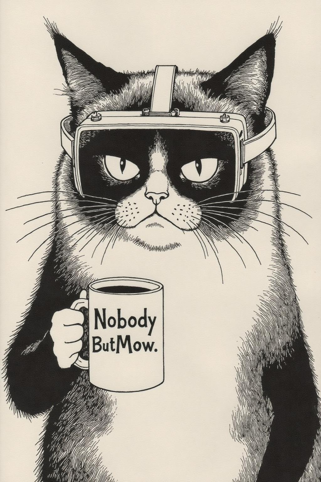 aubreybeardsley1 illustration.
Grumpy Cat holding a coffee mug, wearing a VR Headset. The mug has the phrase "NobodyButMeow" <lora:aubreybeardsley3_cap_d6a3e12:1.0><lora:844798583980014607:0>