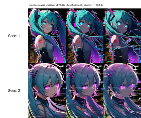 <lora:illustriousXL_stabilizer_v1.23:0.8>1girl,hatsune miku,upper body,from side,black background,colorful,glowing eyes,glowing outline,neon,looking at viewer,glitch,cityscape,masterpiece,