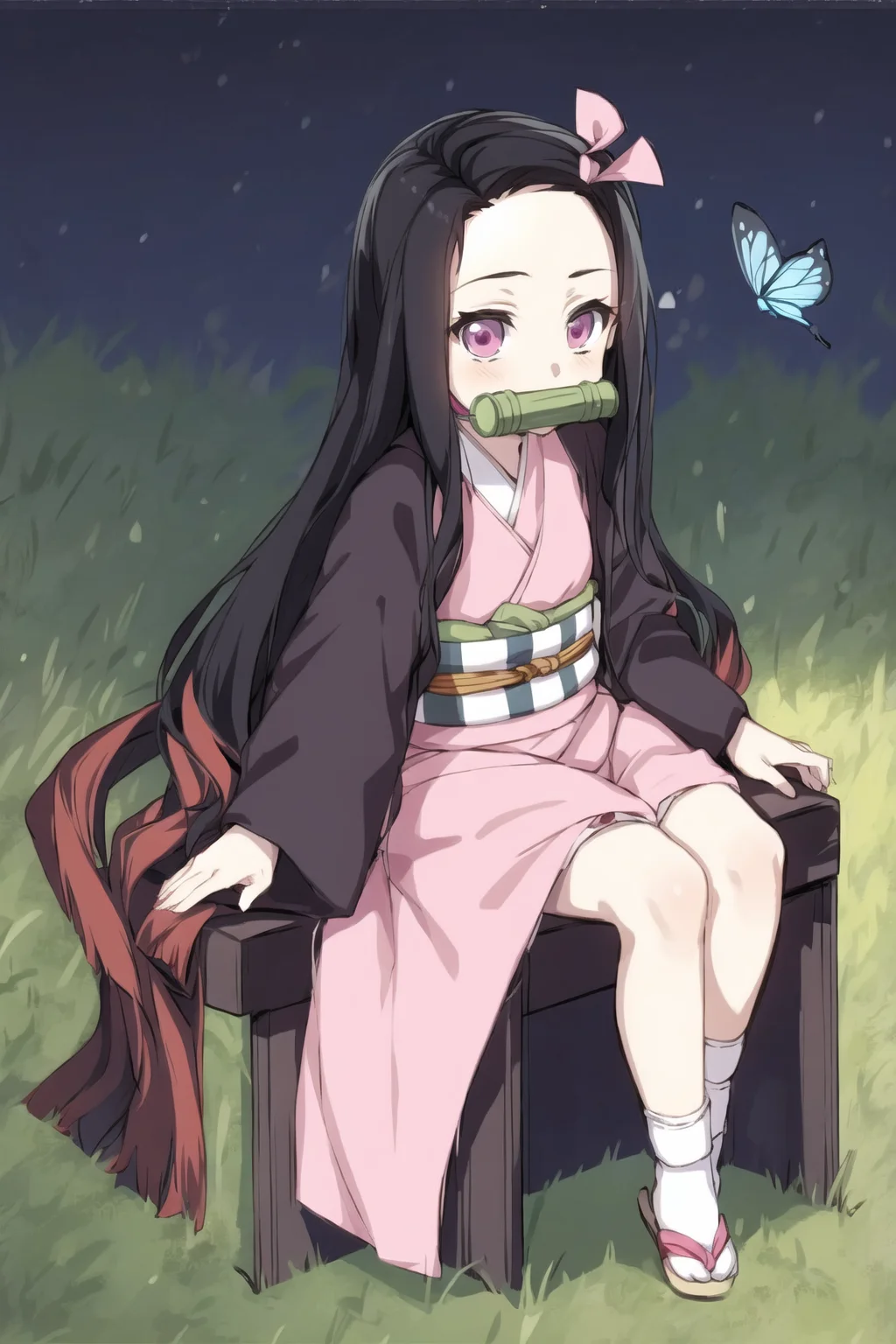 <lora:Nezuv1:0.6>, 1girl, asa no ha \(pattern\), bamboo, bit gag, black hair, blue butterfly, brown hair, bug, butterfly, checkered, checkered obi, forehead, full body, gag, gagged, gradient hair, hair ribbon, haori, japanese clothes, kamado nezuko, kimono, long hair, mouth hold, multicolored hair, night, obi, outdoors, pink eyes, pink kimono, pink ribbon, ribbon, sash, solo, very long hair