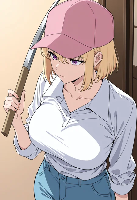 masterpiece, best quality, high resolution, source_anime, highly detailed illustration, detailed eyes,
very aesthetic, absurdres, newest, amazing quality,
1girl, solo,
<lora:shiChaeHaeInV1ill:1>, shichaecasual, short hair, blonde hair, hair between eyes, bangs, sidelocks, purple eyes,
large breasts, collarbone,
white shirt, collared shirt, long sleeves, blue pants,
hat, baseball cap, pink headwear,
holding, pickaxe,