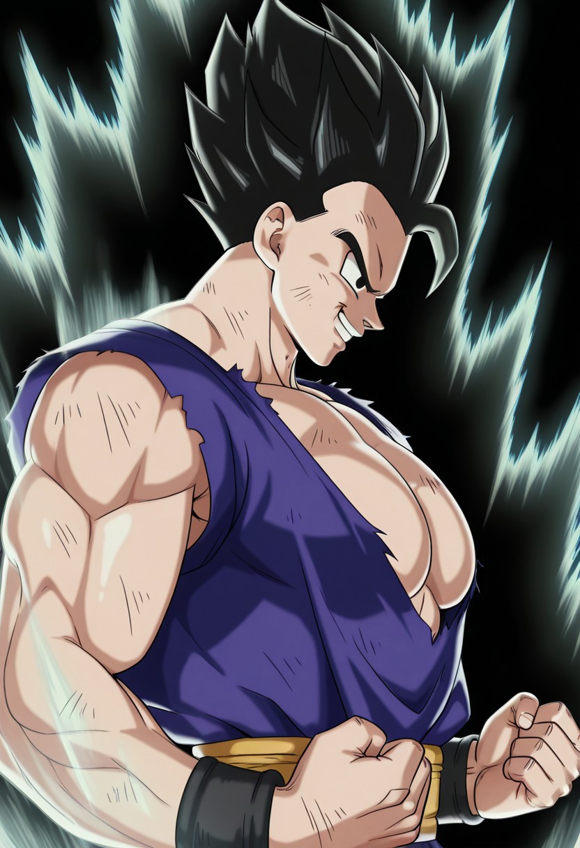 High Quality, perfect body, perfect anatomy, anime source, HD, aura, clenched hands, upper body, black background, cloud, from side, DBSSHUGohan, clenched teeth, wristband, closed mouth, black eyes, smile, clenched hand, meme, open mouth, day, teeth, solo, torn clothes, dirty face, Big pecs Big chest, muscle arms,