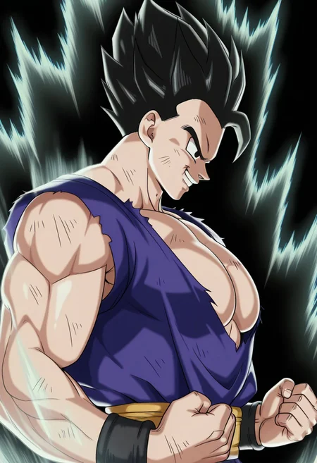 High Quality, perfect body, perfect anatomy, anime source, HD, aura, clenched hands, upper body, black background, cloud, from side, DBSSHUGohan, clenched teeth, wristband, closed mouth, black eyes, smile, clenched hand, meme, open mouth, day, teeth, solo, torn clothes, dirty face, Big pecs Big chest, muscle arms,