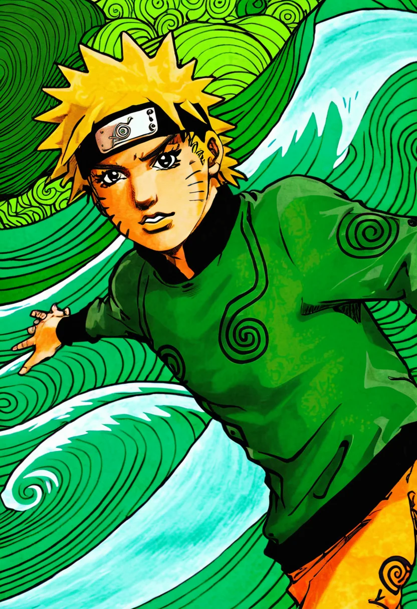 art of naruto uzumaki, upper body, looking at camera, by araki hirohiko , (sky with green patterns resembling waves in background) <lora:araki_hirohiko-000009:0.7> <lora:hand 4:0.4>