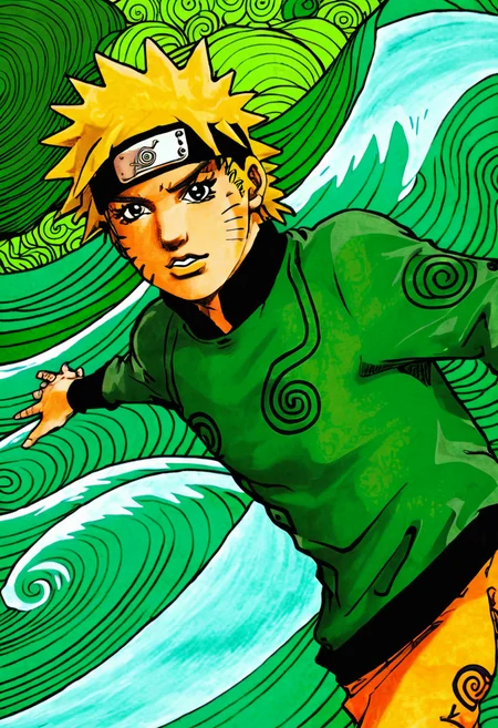 art of naruto uzumaki, upper body, looking at camera, by araki hirohiko , (sky with green patterns resembling waves in background) <lora:araki_hirohiko-000009:0.7>   <lora:hand 4:0.4>