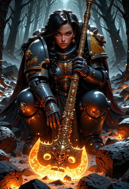 A fierce female SpaceW40K warrior crouched low, gripping a long, ornate axe with both hands, illuminated by a fiery orange aura that highlights intricate golden designs on the blade and hilt; rugged expression, black hair flowing freely, clad in power armor with a dark cloak draping over her back; misty twilight forest background with dark looming trees, smoky ethereal air, glowing embers and sparks around; earthy browns, oranges, and golds dominate the scene, contrasting with cooler dark greens and grays of the forest, creating a mystical, intense atmosphere