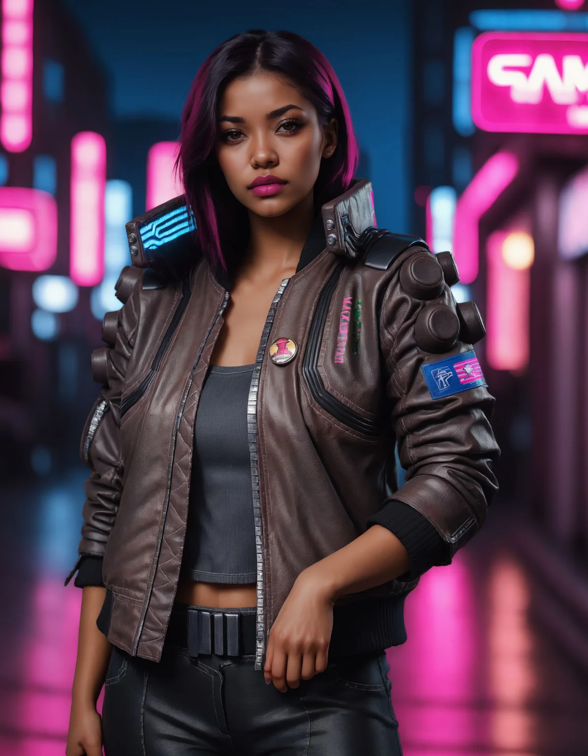 neonpunk style a gorgeous fashion model, woman, crossed arms, wearing a brown cyberpunk Samurai jacket, pink lips, looking at viewer, black jeans, grey crop top, standing in a busy city street, black hair, sleeves up, night, night sky, large cityscape, neon signs, highly detailed, professional, 4k, <lora:CyberpunkSamuraiJacketSDXL:0.75> . cyberpunk, vaporwave, neon, vibes, vibrant, stunningly beautiful, crisp, detailed, sleek, ultramodern, magenta highlights, dark purple shadows, high contrast, cinematic, ultra detailed, intricate, professional